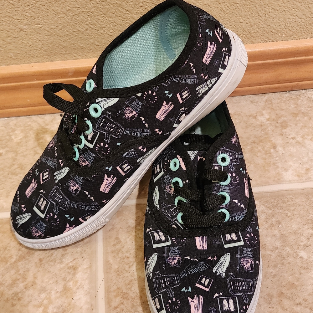 Black Sneakers with Teal and Pink Accents